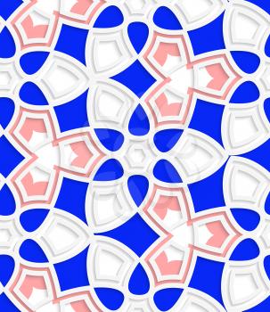 Abstract 3d seamless background. Pink and blue geometrical floral pattern with cut out of paper effect.