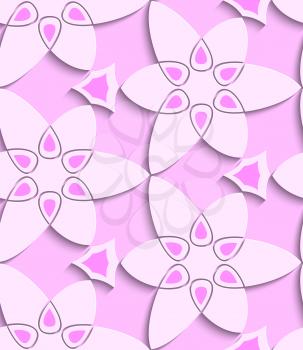 Abstract 3d geometrical seamless background. Pink floristic swirl pattern with cut out of paper effect.
