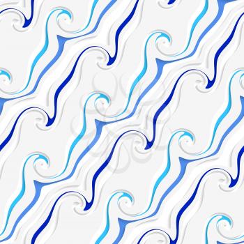 Abstract 3d geometrical seamless background. White curved lines and swirls perforated blue striped with cut out of paper effect.