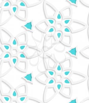 Abstract 3d geometrical seamless background. White floristic swirl lace pattern with blue with cut out of paper effect.
