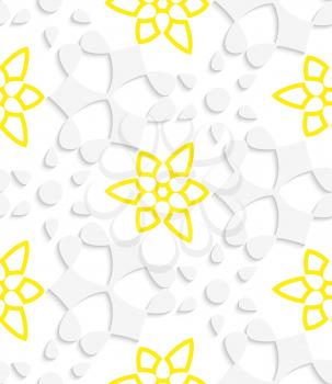 Abstract 3d seamless background. White  geometrical floristic with yellow layering pattern with cut out of paper effect.