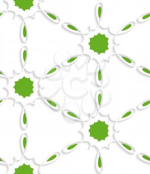 Abstract 3d geometrical seamless background. White simple flower swirl with green inside pattern with cut out of paper effect.
