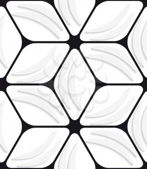 Abstract 3d geometrical seamless background. White banana shapes with cut out of paper effect and black hexagon net.

