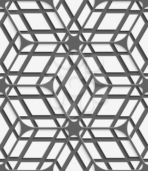 Abstract 3d geometrical seamless background. White geometrical detailed with gray net and cut out of paper effect on gray background.