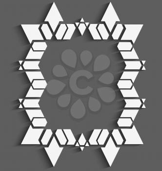 Abstract geometrical background with copy space. White 3d frame on gray with cut out of paper effect made of arrows, triangles and hexagons.