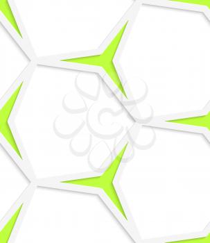 Abstract 3d geometrical seamless background. White hexagonal net and green stars with cut out of paper effect.
