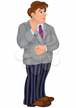 Illustration of cartoon male character isolated on white. Cartoon man in gray jacket and striped pants.
