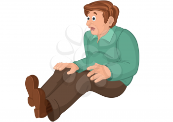 Illustration of cartoon male character isolated on white. Cartoon man in green top and brown pants sitting.
