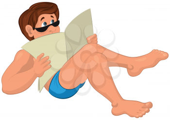 Illustration of cartoon male character isolated on white. Cartoon man in swim shorts sitting with newspaper.
