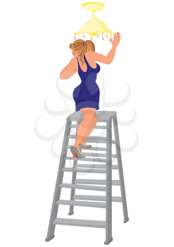 Illustration of cartoon female character isolated on white. Cartoon woman in blue dress on the ladder fixing light.
