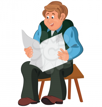 Illustration of cartoon male character isolated on white. Happy cartoon man sitting in armchair in green west reading newspaper.
	