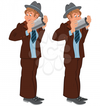 Illustration of two cartoon male characters isolated on white. Happy cartoon man standing in gray hat with pipe.
