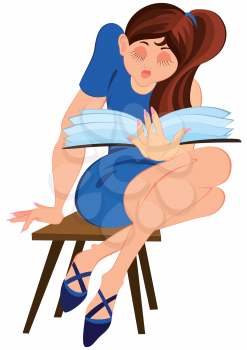 Illustration of cartoon female character isolated on white. Cartoon girl in blue dress sitting on a chair and reading book.
