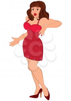 illustration of cartoon female character isolated on white. Cartoon sexy brunet woman in mini red dress.





