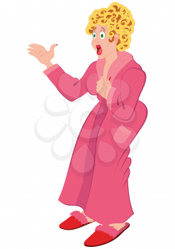 Illustration of cartoon female character isolated on white. Cartoon woman in pink bath robe standing with open mouth.
