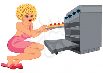 Illustration of cartoon female character isolated on white. Cartoon woman in pink dress and slippers baking.




