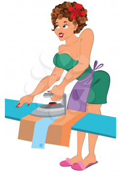 Illustration of cartoon female character isolated on white. Cartoon woman in red slippers ironing.
