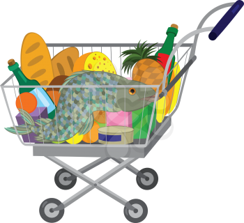 Illustration of cartoon shopping cart full of groceries isolated on white. Grocery store shopping cart with food items and fish.
