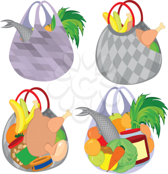Illustration of cartoon shopping bags full of groceries isolated on white. Set of plastic transparent shopping bags filled with food.
