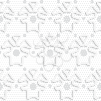 Seamless abstract background of white 3d shapes with realistic shadow and cut out of paper effect. Blue 3d shapes on textured gray big and small dot pattern.
