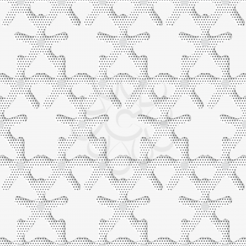 Seamless abstract background of white 3d shapes with realistic shadow and cut out of paper effect. Blue 3d shapes on textured white and black dots pattern.

