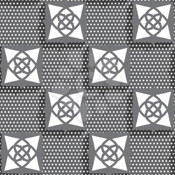 Seamless abstract background of white 3d shapes with realistic shadow and cut out of paper effect. Geometrical Arabian ornament gray with doted texture.
