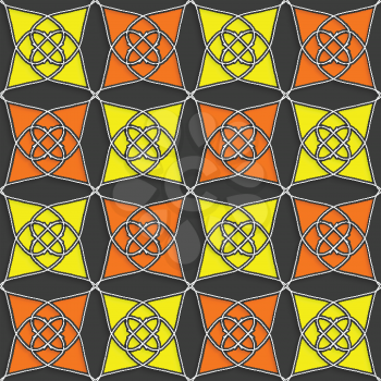 Seamless abstract background of white 3d shapes with realistic shadow and cut out of paper effect. Geometrical Arabian ornament with slim wire yellow and orange.
