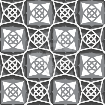 Seamless abstract background of white 3d shapes with realistic shadow and cut out of paper effect. Geometrical Arabian ornament with white and grays.
