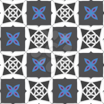 Seamless abstract background of white 3d shapes with realistic shadow and cut out of paper effect. Geometrical ornament with gray squares and blue flower.

