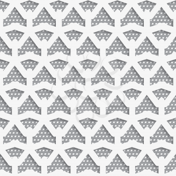 Seamless abstract background of white 3d shapes with realistic shadow and cut out of paper effect. White 3d net on textured white and gray pattern.
