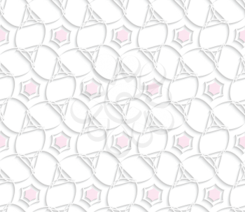 Seamless abstract background of white 3d shapes with realistic shadow and cut out of paper effect. White 3d ornament with pink hexagons.
