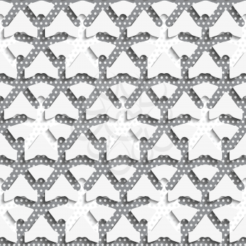 Seamless abstract background of white 3d shapes with realistic shadow and cut out of paper effect. White 3d shapes on textured white and gray pattern.


