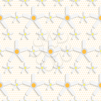 Seamless abstract background of white 3d shapes with realistic shadow and cut out of paper effect. White daisy flower on dots textured pattern.

