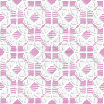 Seamless abstract background of white 3d shapes with realistic shadow and cut out of paper effect. White geometrical ornament textured with pink.
