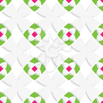 Seamless abstract background of white 3d shapes with realistic shadow and cut out of paper effect. White geometrical ornament with green and pink.
