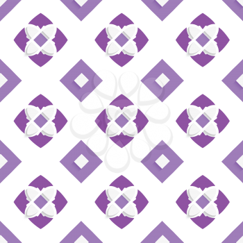 Seamless abstract background of white 3d shapes with realistic shadow and cut out of paper effect. White geometrical ornament with purple squares.
