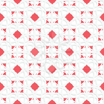 Seamless abstract background of white 3d shapes with realistic shadow and cut out of paper effect. White geometrical ornament with red textured details.

