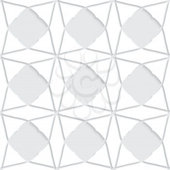 Seamless abstract background of white 3d shapes with realistic shadow and cut out of paper effect. White geometrical ornament with triangles.
