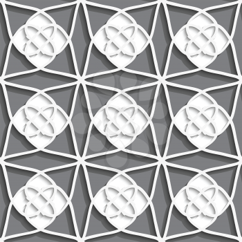 Seamless abstract background of white 3d shapes with realistic shadow and cut out of paper effect. White geometrical ornament with white layering on gray.
