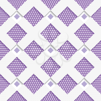 Seamless abstract background of white 3d shapes with realistic shadow and cut out of paper effect. White geometrical ornament with white net and dots purple texture.

