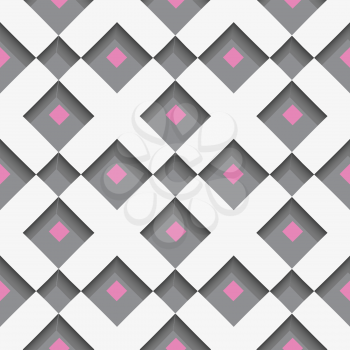Seamless abstract background of white 3d shapes with realistic shadow and cut out of paper effect. White geometrical ornament with white net and pink squares on gray.
