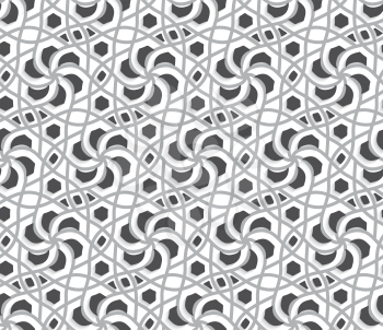 Seamless abstract background of white 3d shapes with realistic shadow and cut out of paper effect. White layered ornament with light and dark gray.
