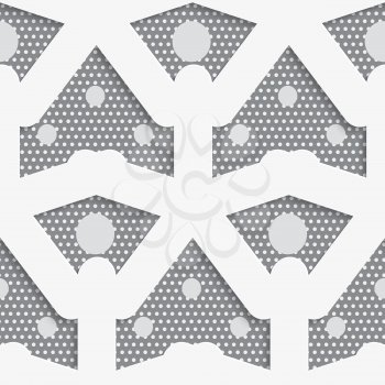 Seamless abstract background of white 3d shapes with realistic shadow and cut out of paper effect. White shapes with big and small dots on gray pattern.

