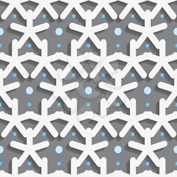 Seamless abstract background of white 3d shapes with realistic shadow and cut out of paper effect. White shapes with blue dots on dark gray pattern.