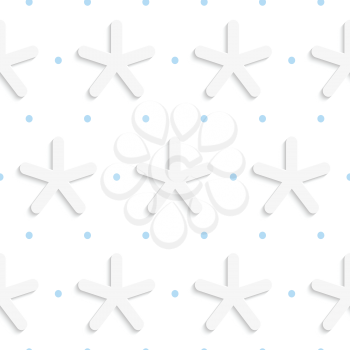 Seamless abstract background of white 3d shapes with realistic shadow and cut out of paper effect. White snowflake shapes with blue dots on white pattern.

