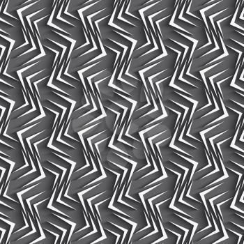 Seamless geometric background. Modern monochrome 3D texture. Pattern with realistic shadow and cut out of paper effect. Geometrical ornament with white zig-zags on gray background.