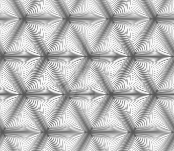 Seamless geometric pattern. Gray abstract geometrical design. Flat monochrome design.Monochrome gray hatched three pedal flowers.