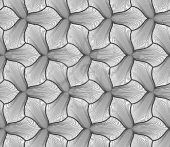 Seamless geometric pattern. Gray abstract geometrical design. Flat monochrome design.Monochrome striped three pedal flowers with black contour.