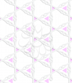 Abstract seamless background with 3D cut out of paper effect. Pattern with realistic shadow. Modern texture. Stylish backdrop.White colored paper pink triangles with clubs.