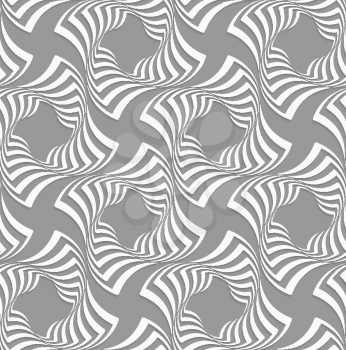 Seamless geometric background. Pattern with realistic shadow and cut out of paper effect.3D white twisted squares on gray.